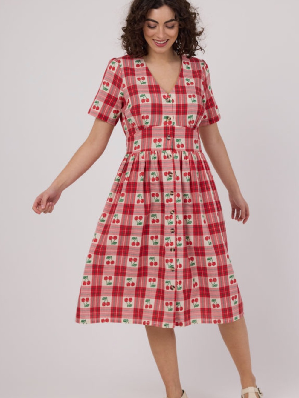 Joanie Natalie Picnic Dress Womens 16 Red Plaid Cherry Print Excellent Cotton